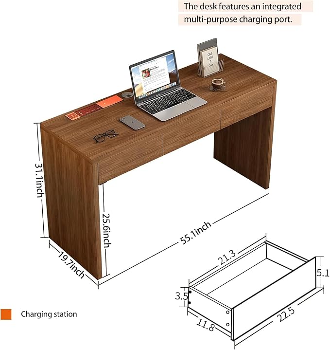 Executive Desk with Drawers Computer Desk with Drawers with Pre-Embedded Slots 55 inch Modern Walnut Home Office Desk with Charging Station for Study Living Room Bedroom