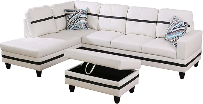 L Shaped Couch PU Leather Sectional Couches for Living Room 3 Pieces Modular Sectional Sofa with Chaise Ottoman with Storage for Living Room and Small Apartment White and Black