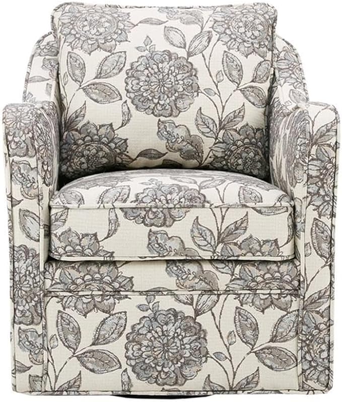 Pemberly Row Swivel Accent Chair 33.25 H x 28.5 W x 32.75 D Solid Wood Frame Multi-Color Floral Upholstery Black Metal Base Rounded Arms Foam Cushion Living Room or Home Office Seating