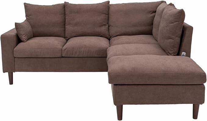 Panana 5 and 6 Seater Convertible Sectional Sofa CouchL-Shape with Universal Corner and Bulit-in USB Charging Port Chaise (Brown Linen Fabric 5 Seater Corner with Built-in USB Port Chaise)