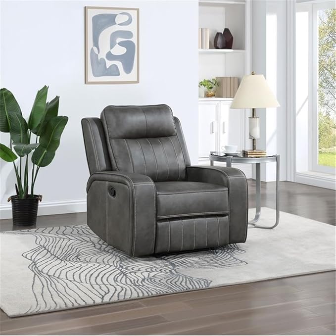 Pemberly Row Modern Faux Leather Upholstered Recliner Chair Manual Wall Hugger Gray 41.25 H x 35.75 W x 40.5 D Foam Padding Pocket Coil Spring Cushion Cozy Seating for Living Room or Home