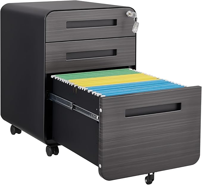3 Drawer Small File Cabinet with Lock Under Desk Locking Storage Cabinet Organizer for Home Office Filing CabinetsBlackwood