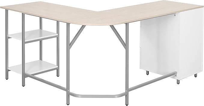Techni Mobili L Shaped Desk - Two-Toned Computer Desk with Drawers &amp Storage Shelves - Simple Modern Furniture &amp Home Office Space Corner Table for Work &amp Writing