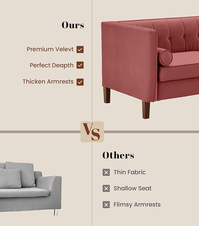 Dreamsir 78'' W Velvet Sofa Mid-Century Modern Love Seats Sofa Furniture with Bolster Pillows Button Tufted Couch for Living Room Pink