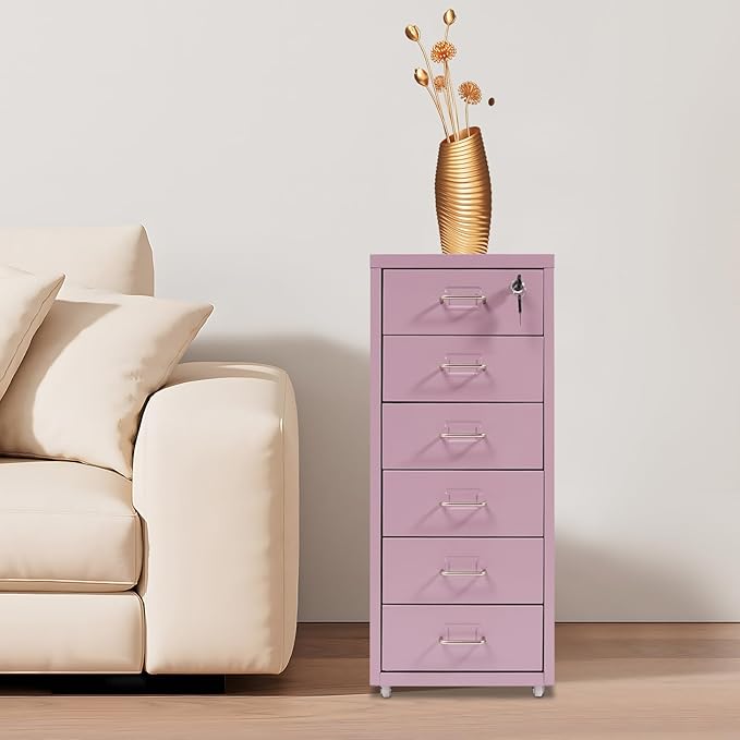 DYRABREST 6 Drawer Vertical File Cabinet with Wheels and Lock Metal Storage Organizer Cabinet for Home Office Study Modern Rolling Filing Cabinet for Documents Supplies (Purple)
