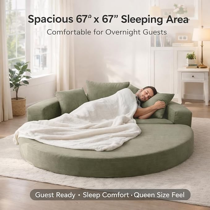 Convertible Round Sofa Bed 67 Corduroy Upholstered Loveseat Sleeper Couch Pull-Out Floor Bed with 3 Pillows No Assembly 550 lbs Weight Capacity(Green)