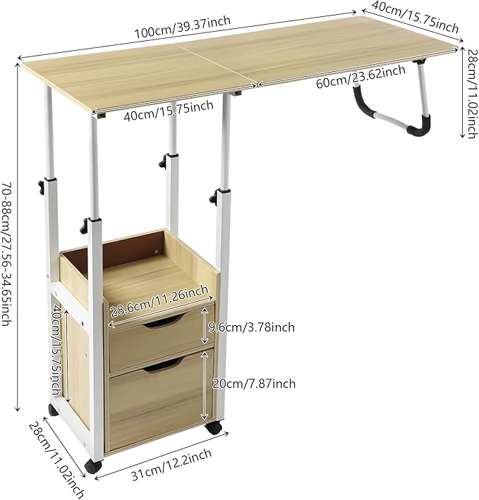 Home Office Desk with Wheels Movable Bedside Table with Plastic Drawers Height Adjustable Over Bed Desk for Laptop White for Home Office Study (Light Wood + White)