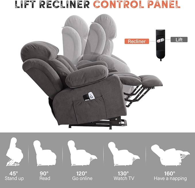 BOSMILLER Power Lift Recliner Chair with Massage and Heat for Elderly Electric Recliner Single Sofa with Two Cup Holders Extended Footrest Side Pocket and USB Charge Port for Living Room