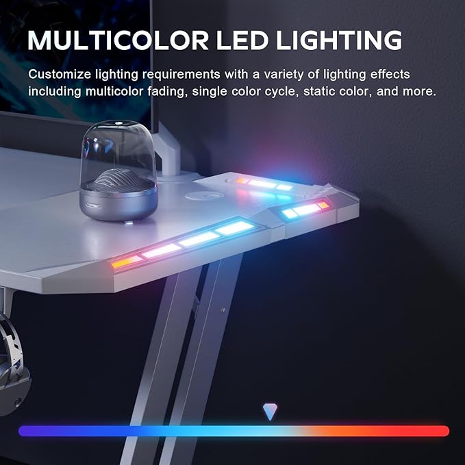 HLDIRECT 55 Inch Gaming Desk with LED Lights Carbon Fibre Surface Gaming Table Large Computer Desk Ergonomic Home Office Desks Z Shaped PC Gamer Workstations with Cup Holder &amp Headphone Hook White