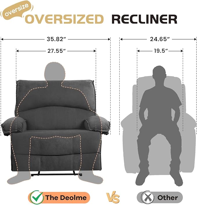 Oversized Recliner Chair for Adult Plus Size 49.21 Extra Wide Seat Manual Fleece Recliner with Pockets Ergonomic Massage Heated for Living Room Bedroom Home Threater Office Lounge (Grey)
