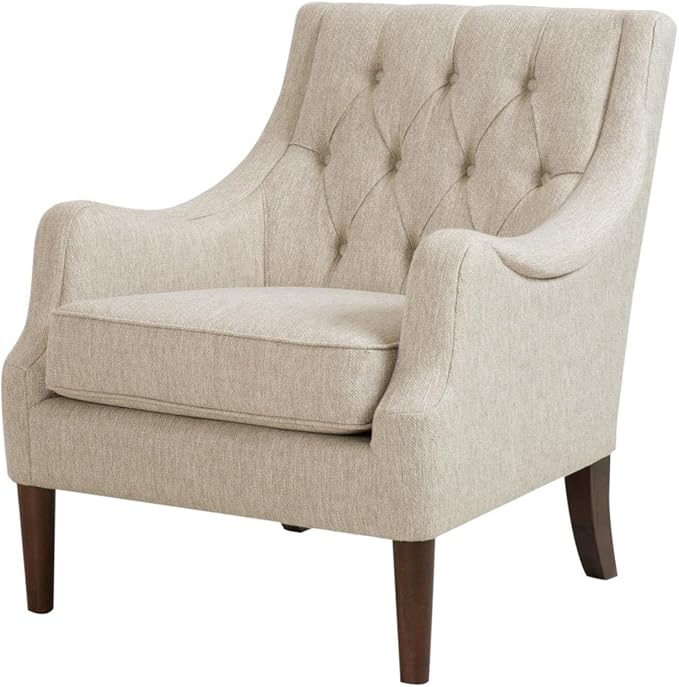 Madison Park Accent Chair for Living Room Upholstered Button Tufted Back Removable 5.75 T Seat Cushion Solid Wood Legs Modern Accent Armchair Family Room Furniture Bedroom Chair 29.25W Beige