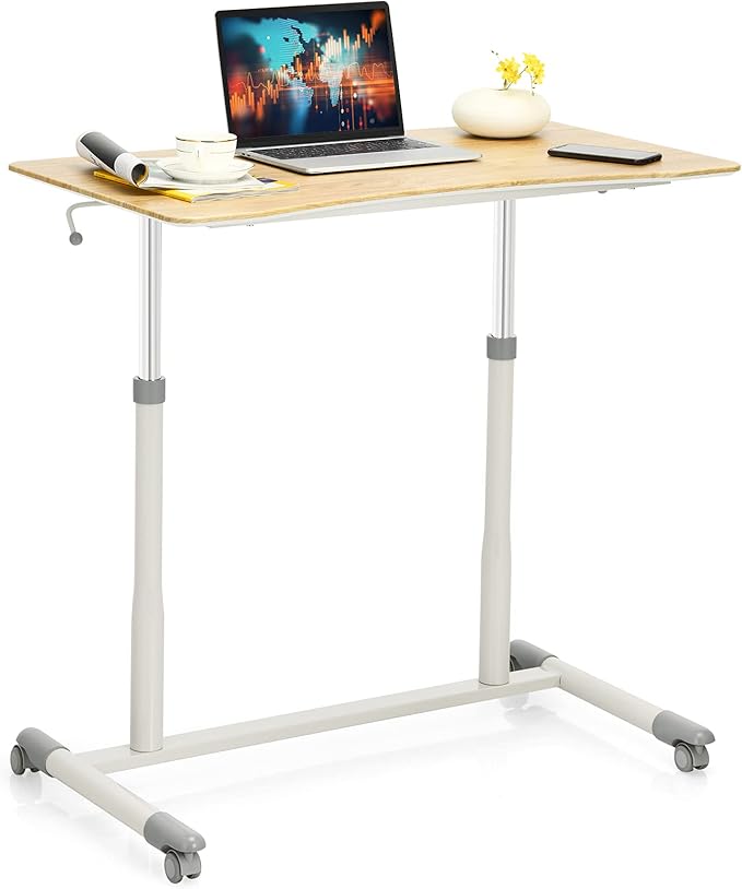 Tangkula Mobile Standing Desk Computer Desk Height Adjustable Stand Up Table with 4 Wheels Rolling Compact Standing Desk with Steel Frame MDF PVC Tabletop Ideal for Home Office (Natural)