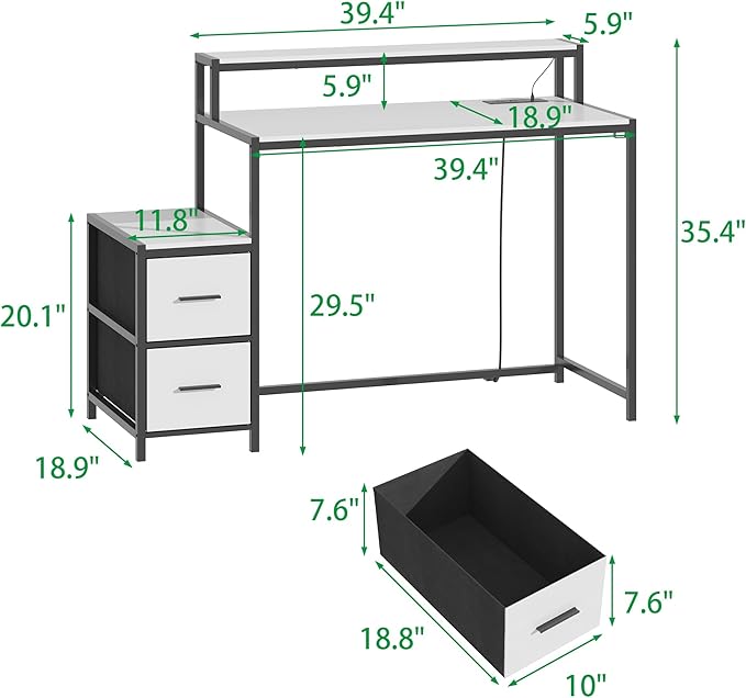 WOODTIME 50.4 W Home Office Computer Desk with LED Lights &amp Power Outlets Gaming PC Desk Study Writing Table with Monitor Stand &amp 2 Fabric Drawers White &amp Black