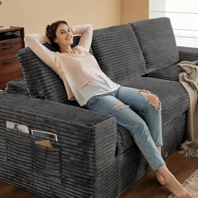 115 Modular Sectional Couch with Chaise Cloud Couch Deep Seat Fluffy Corduroy Sofa Memory Foam Boneless Couches for Living Room Bedroom No Assembly Required (Grey 115 Right Chaise)