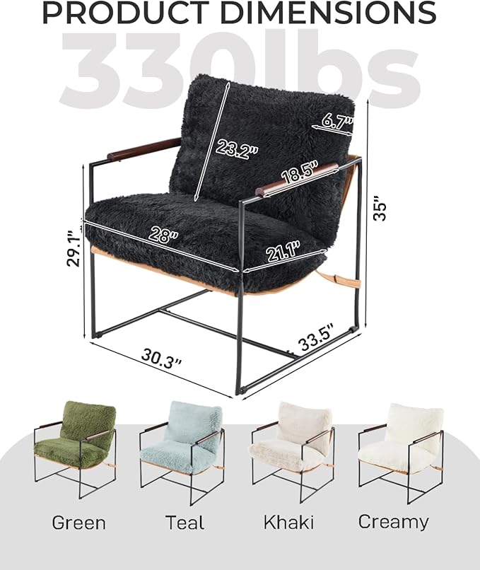 Karl home Modern Accent Chair Plush Fleece Upholstered Living Room Chair with Metal Frame Wooden Armrest Comfy Lounge Armchair for Living Room Bedroom Balcony Reading Room Black