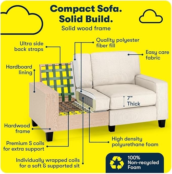 Pemberly Row 61 Track Arm Loveseat Sofa Buckwheat Polyester Removable Cushion Covers Compact Space-Saving Furniture Modern Classic Design for Small Apartments Living Rooms or Home Offices