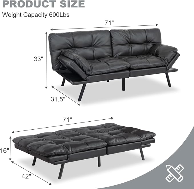 MUUEGM Futon Sofa Bed Convertible CouchMemory Foam Futon Sofa CouchSleeper Futons Sofa CouchesSmall Splitback Modern Loveseat Sofa Bed for Living RoomOfficeApartmentFaux LeatherMatte Black.