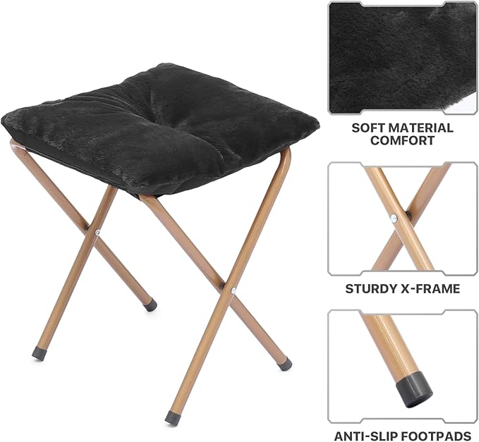 MoNiBloom Square Folding Faux Fur Saucer Chair for Bedroom Living Room Dorm Foldable Metal Frame Oversized Large Comfy Furry Padded Soft Cozy Moon Chair with Footrest Ottoman for Adults (Black 2 Set)
