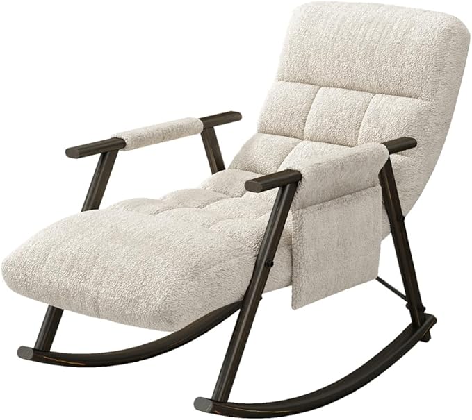 Casual Folding Rocking Chair Upholstered White Adjustable High Back &amp Footrest Cozy Comfort for Living Room Balcony