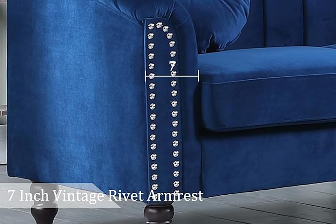 Chesterfield Chair Couch 40 Inch Luxurious Velvet Single Chair Chesterfield Settee Sofa Upholstered Rolled Arm with Rivets/Button Tufted Pillow Modern Sofa for Living RoomBlue