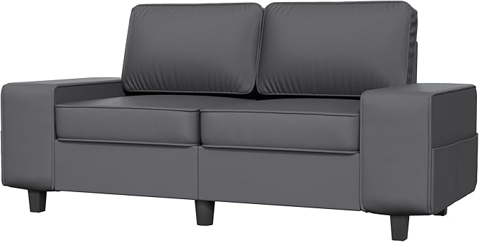 71 Leathaire Loveseat Couch 2 Seater Retro Sofa with 4 Side Pockets Removable and Washable Cushions Living RoomApartment Office (Dark Grey)
