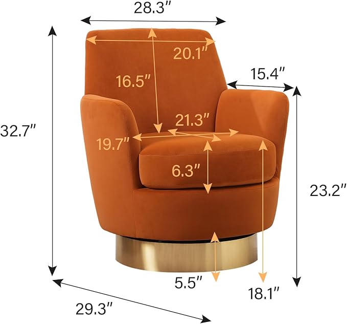 Swivel Barrel ChairModern Velvet Upholstered Round Swivel Accent Chairs with Tall Backrest360 Degree Single Sofa Chair Armchair for Living Room (Orange*1PCS)