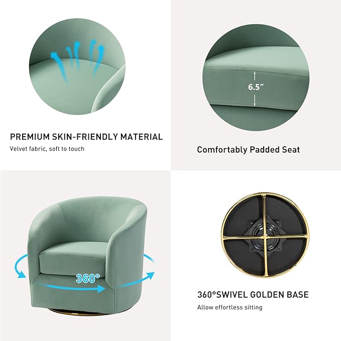 HULALA HOME Swivel Accent Chair with Gold Metal Base Set of 2 Contemporary Velvet Curved Swivel Barrel Chair Upholstered Club Armchair Leisure Single Sofa for Living Room Nursery Bedroom(SAGE)