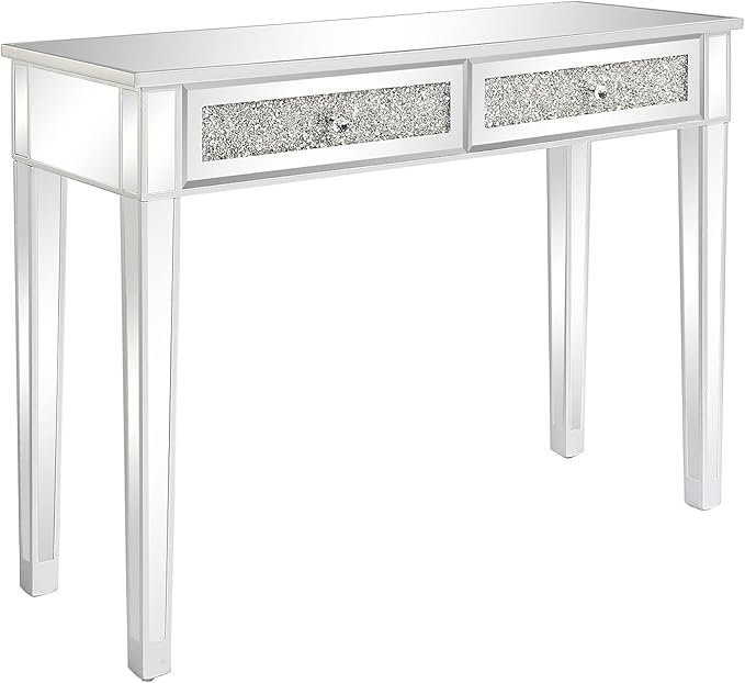 Karl home Mirrored Desk with 2 Drawers Silver Console Table Mirror Sofa Table with Crystal Inlay Front for Living Room Entryway Foyer 42 Inch