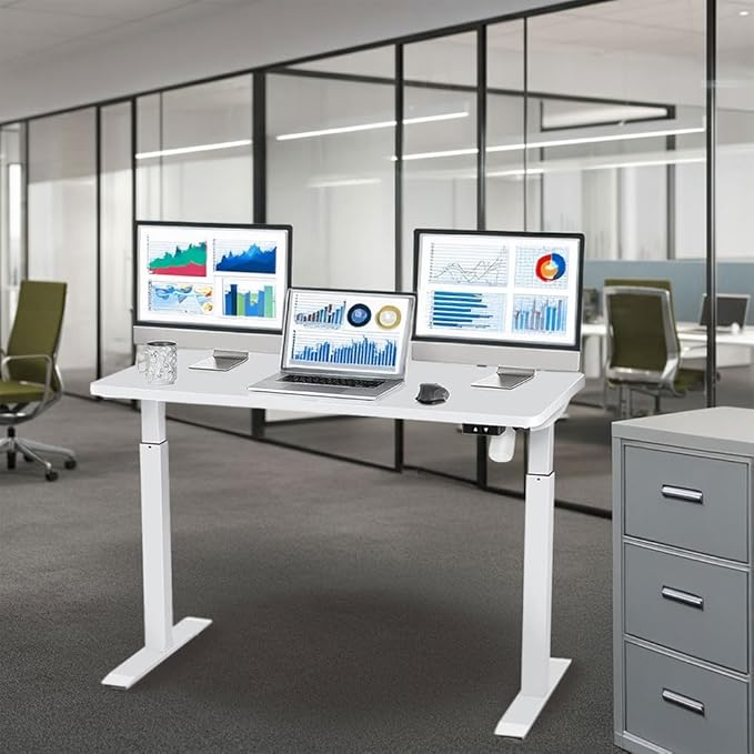 MotionWise M1 Series Height Adjustable Electric Sit Stand Desk 48” x 24” Home Office w/Single Wooden Desktop (White)