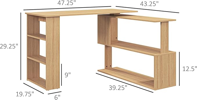 L Shaped Corner Desk 360 Degree Rotating Home Office Desk with Storage Shelves Writing Table Workstation Maple