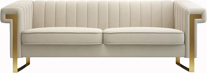 Mid-Century Modern Beige Velvet Sofa with Gold Metal Legs 83.86 Luxury Chesterfield Comfy Cream Couches for Living Room (Velvet Beige)