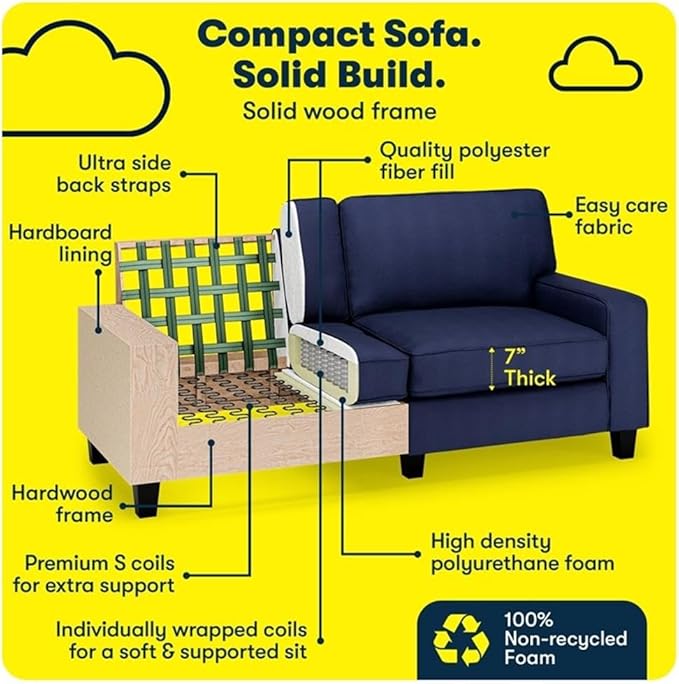 Pemberly Row 73 Track Arm Sofa Navy Blue Upholstery Removable Covers Space-Saving Design Solid Wood Frame Semi-Plush Pocket Coil Cushions Modern Classic Living Room Furniture