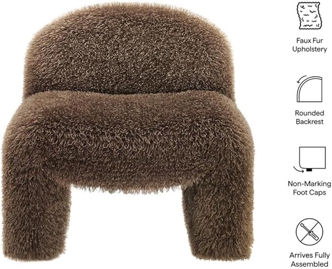 MAKLAINE Contemporary Faux Fur Upholstered Accent Chair Brown Shaggy Fabric Rounded Low-Profile Armless Design Sled Base with Non-Marking Foot Caps Living Room or Bedroom Seating