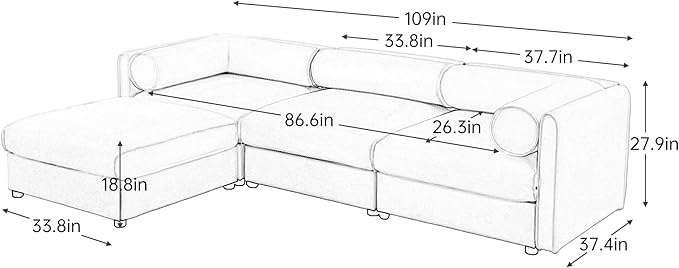 109 inch Cloud Modular 3 Seater Sofa with Storage Ottoman Modern Upholstered Storage Sofa Couch Deep Seat L Shape Sectional Sofa Chenille Comfy Couch for Living Room Apartment White