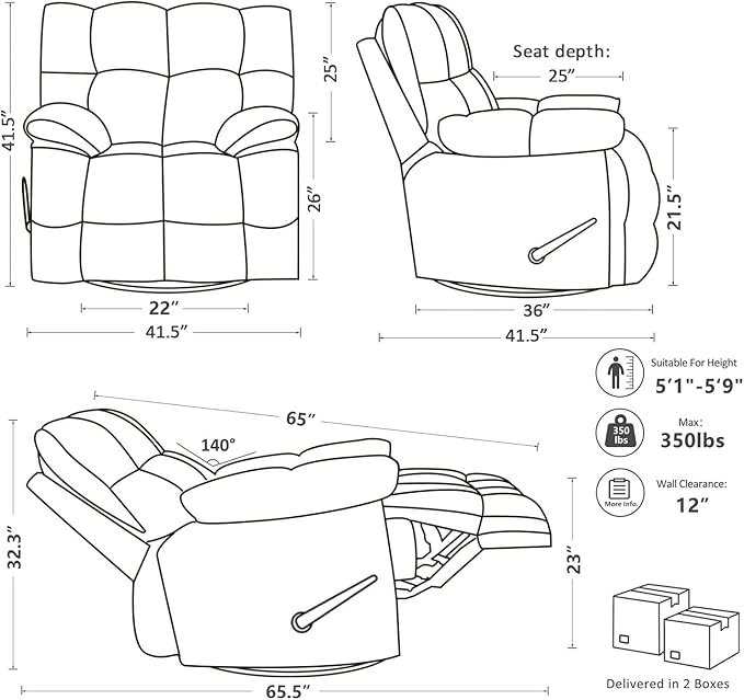 Oversized Recliner Chair Overstuffed Swivel Rocker with Extra Wide Seat &amp Breathable Fabric for Living Room (Manual Blue)