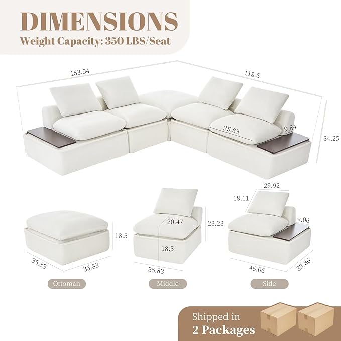 119 Oversized Cloud Modular Chenille Sectional Sofa with 2 Coffee Table Trays 4 Seat Couch Sectional Large Sectional Couches for Living Room White