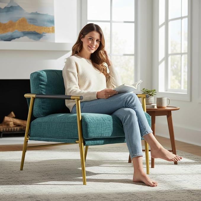 Modern Minimalist Accent Chair Soft Polyester Fabric with Metal Frame and Wood Armrests Living Room Bedroom Office Seating (Teal Blue)