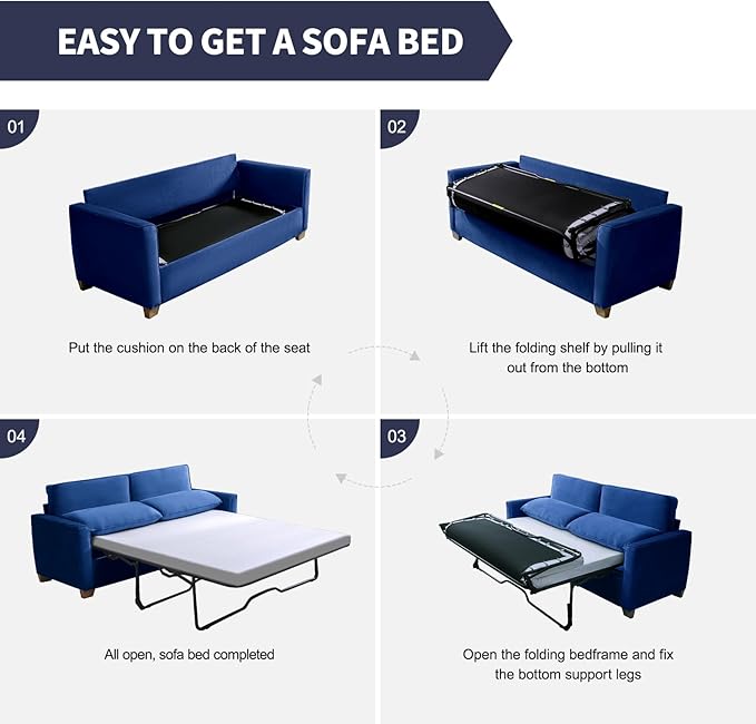 ZAFLY 77 Pull Out Sofa Bed Convertible Sleeper Sofa with Memory Foam Mattress Velvet Modern Couch Bed for Home Apartment Easy Assembly - Blue