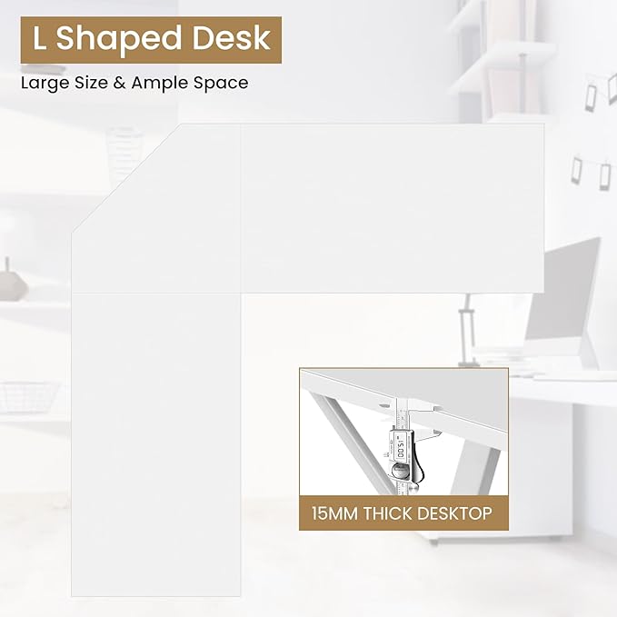 BLKMTY L Shaped Gaming Desk Computer Desk Corner Desks Wood Gaming Table PC Table with Monitor Stand for Home Office Dorm Sturdy Writing Workstation Carbon Fiber Surface 50-Inch White