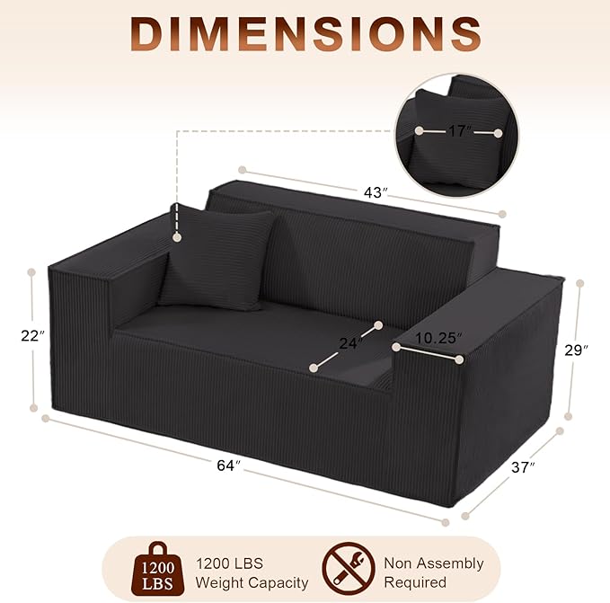 Corduroy Cloud Couch with Pillow Premium Memory Foam No Assembly Required Deep Seat Sofa in Box Space-Saving Chair for Home Living Room Bedroom Apartment Office Loveseat Dark Gray