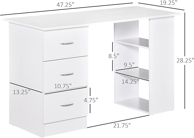 47-inch Computer Gaming Desk with Bookcase Combo Home Office Desks with 3 Drawers and Storage Shelf Wood Craft Study Table Workstation for BedroomWhite