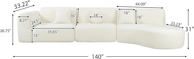140 Modern Curved Sectional Sofa with High-Density Fully Compressed Sponge and Chaise Lounge 3-Piece Set Fully Assembled Right Hand Facing Perfect for Living RoomLounge (Beige#84)