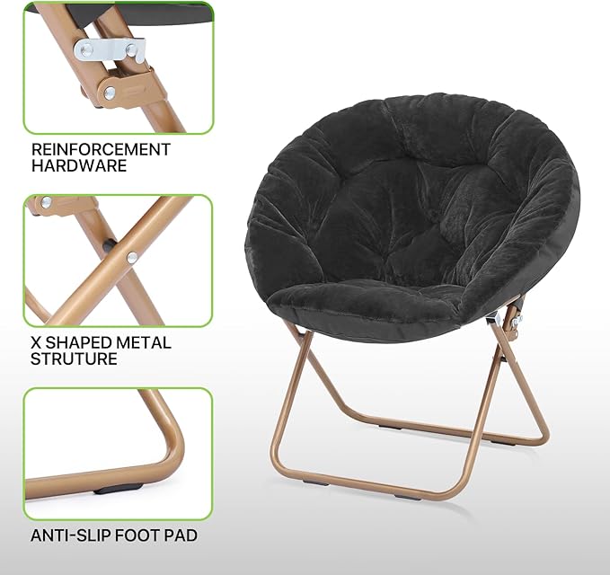 Magshion Folding Saucer Chair for Adults with Ottoman Circle Reading Chair for Bedroom Living Room &amp Dorm Furry Comfy Accent Seat with Metal Leg &amp Thick Padded for Small Spaces (Black 2 Pa
