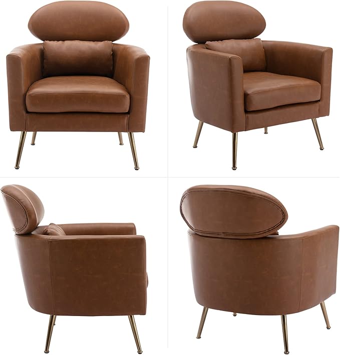 Accent Chair Upholstered Barrel Arm Chair for Living Room Bedroom Reception Room Office Modern Soft Padded Single Sofa Chair with Golden Legs &amp Lumbar Pillow PU Brown