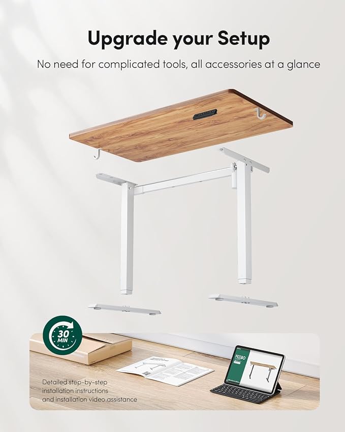 FEZIBO One-Piece Standing Desk Adjustable Height Stand up Home Office Desk 55x24 Inch Electric Standing Computer Desk with 4 Memory Presets Headphone Hook Light Rustic