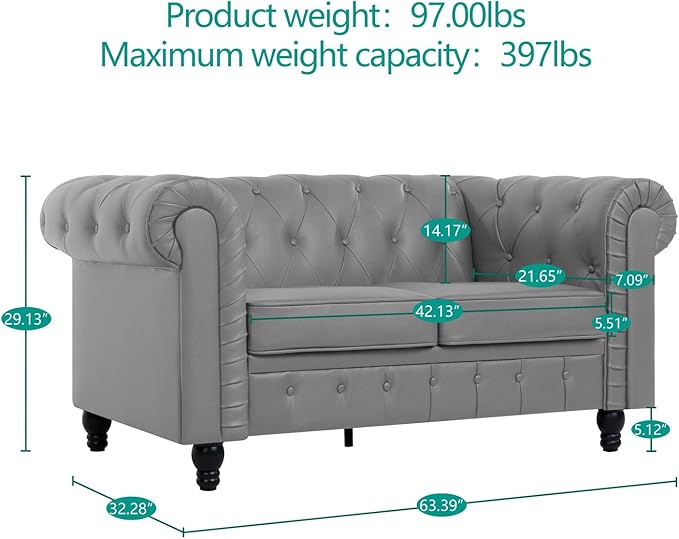 Naomi Home Chesterfield Sofa Set with Accent Chair Modern Leather Living Room Furniture with Tufted Design Perfect for Bedroom or Living Room Dcor Gray/PU/Loveseat