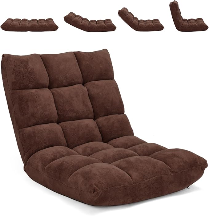 Moccha 14-Position Floor Chair Folding Sofa Chair with Back Support Memory Foam Floor Gaming Chairs for Adults Adjustable Padded Couch Recliner Sleeper Bed for Reading Meditating Brown