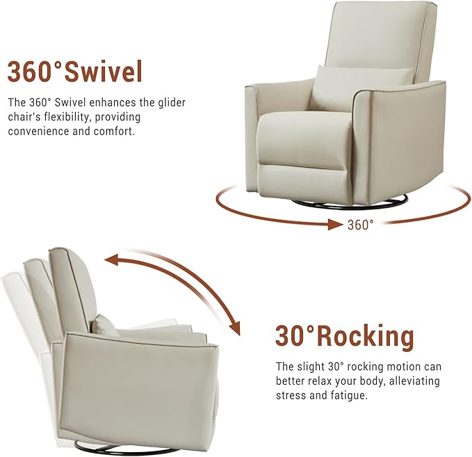 Swivel Rocking Recliner Chair Upholstered Faux Leather Glider Recliner with Lumbar Support High Backrest &amp Padded Armest Manual Nursery Recliner for Living Room (Manual Beige)