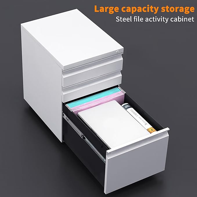 3 Drawer File Cabinet with Wheels Metal Filing Cabinets for Home Office with Lock Under Desk Drawer Organizer Fully Assembled Fits Letter A4 Standard Sizes (White 23.6*15.4*19.7)