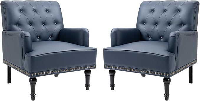 MOJAY Faux Leather Accent Chair Set of 2 Mid-Century Modern Living Room Chair Lounge Study Sofa Chair with Sturdy Wood Legs Club Chair Armchair for Bedroom Home Study Reception (DarkBlue)